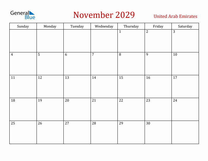 United Arab Emirates November 2029 Calendar - Sunday Start