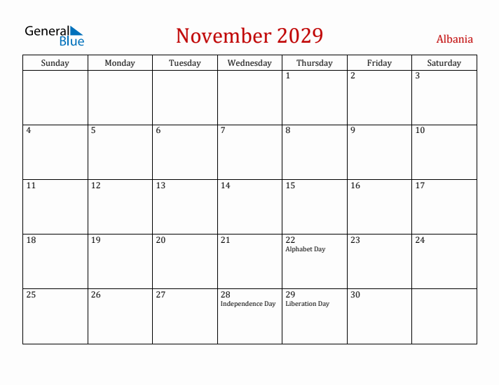 Albania November 2029 Calendar - Sunday Start