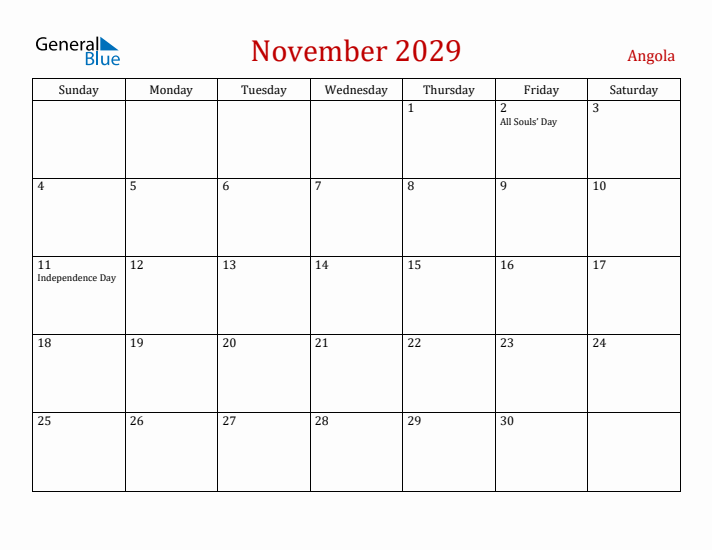 Angola November 2029 Calendar - Sunday Start