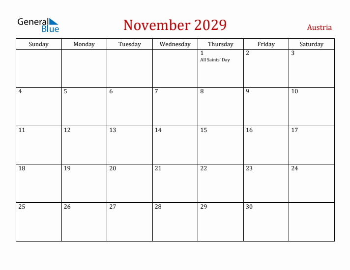 Austria November 2029 Calendar - Sunday Start