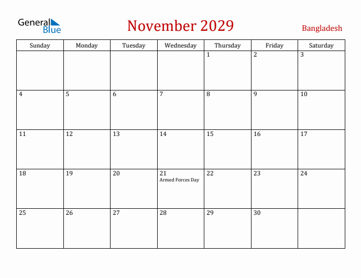 Bangladesh November 2029 Calendar - Sunday Start