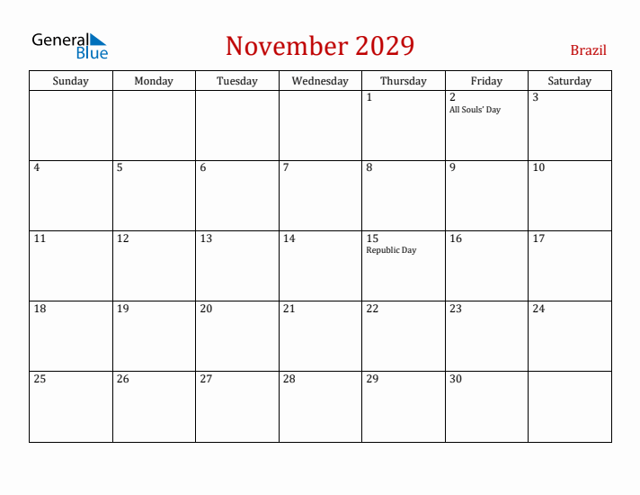 Brazil November 2029 Calendar - Sunday Start