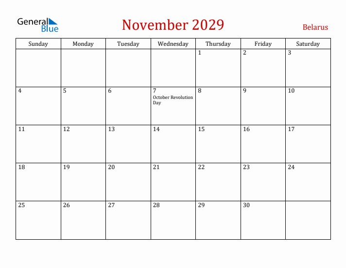 Belarus November 2029 Calendar - Sunday Start