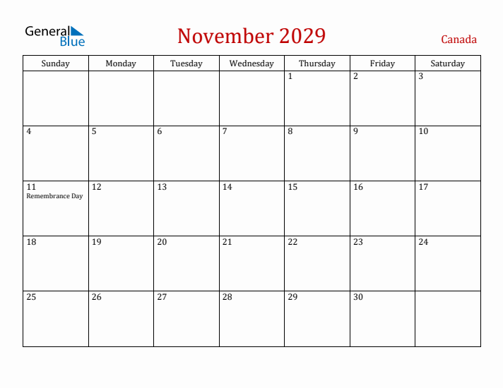 Canada November 2029 Calendar - Sunday Start