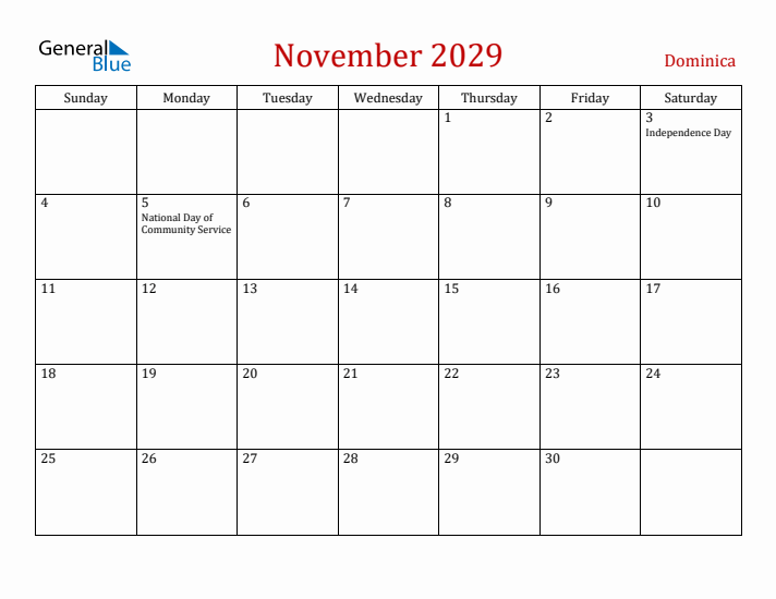 Dominica November 2029 Calendar - Sunday Start