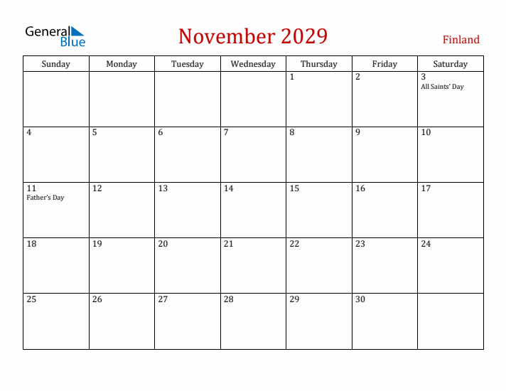 Finland November 2029 Calendar - Sunday Start