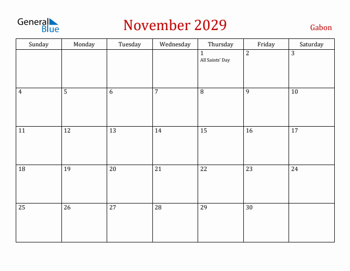 Gabon November 2029 Calendar - Sunday Start
