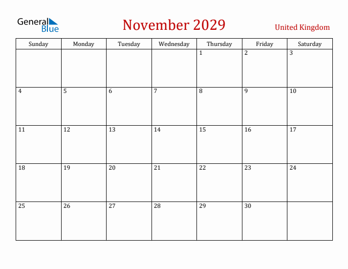 United Kingdom November 2029 Calendar - Sunday Start