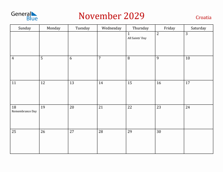 Croatia November 2029 Calendar - Sunday Start