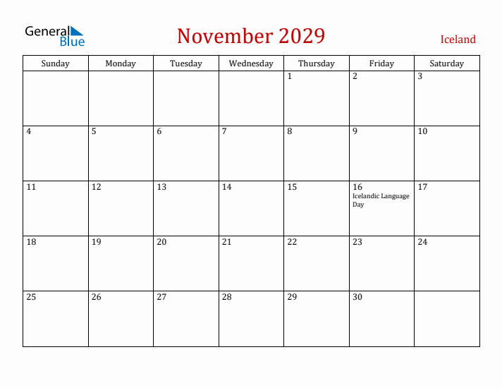 Iceland November 2029 Calendar - Sunday Start