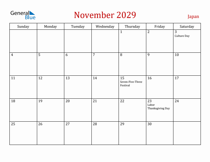 Japan November 2029 Calendar - Sunday Start