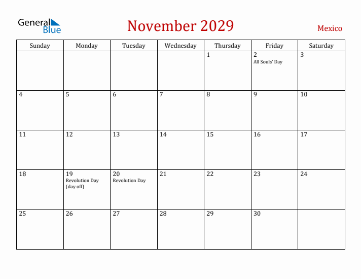Mexico November 2029 Calendar - Sunday Start