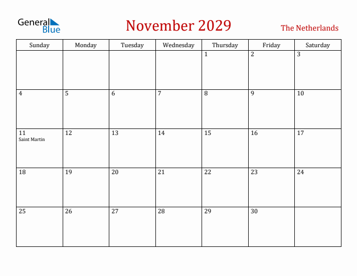 The Netherlands November 2029 Calendar - Sunday Start