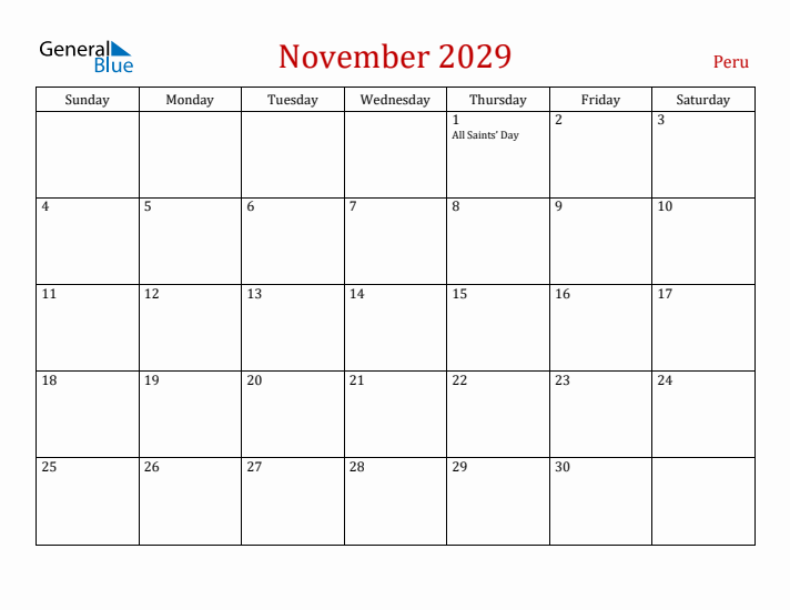 Peru November 2029 Calendar - Sunday Start