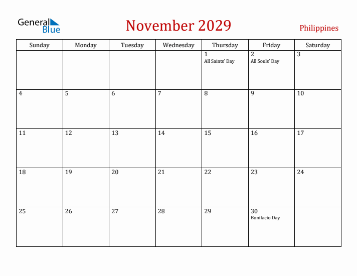 Philippines November 2029 Calendar - Sunday Start