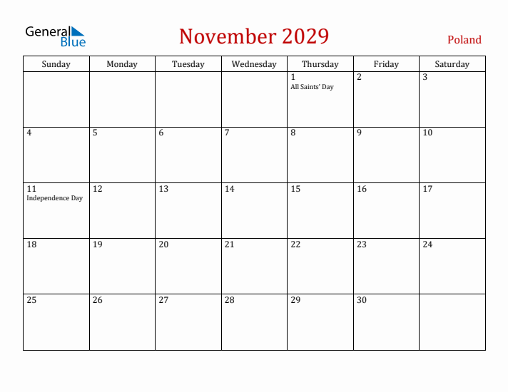 Poland November 2029 Calendar - Sunday Start