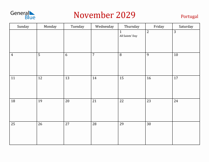Portugal November 2029 Calendar - Sunday Start