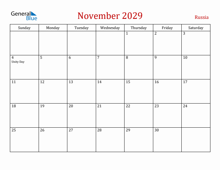 Russia November 2029 Calendar - Sunday Start