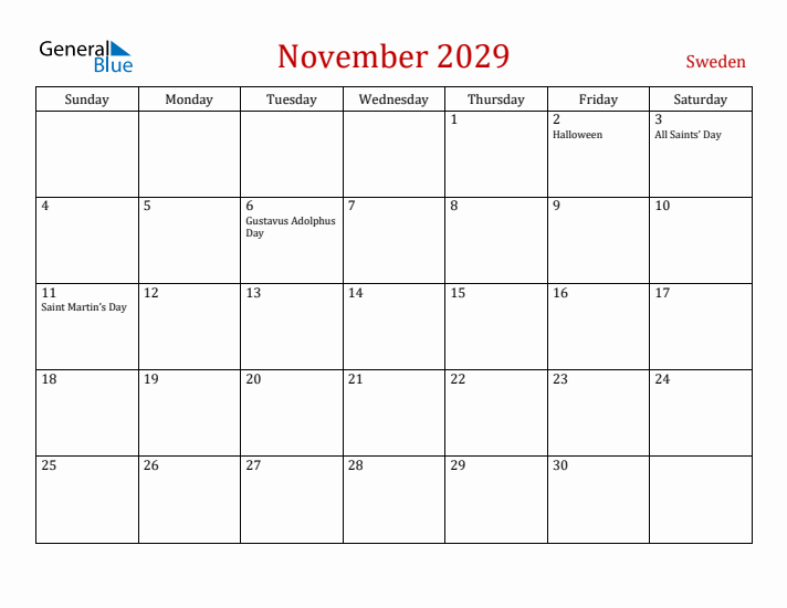 Sweden November 2029 Calendar - Sunday Start