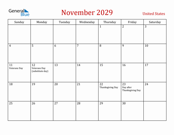 United States November 2029 Calendar - Sunday Start
