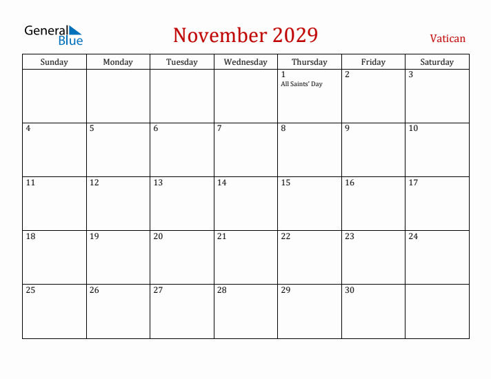 Vatican November 2029 Calendar - Sunday Start