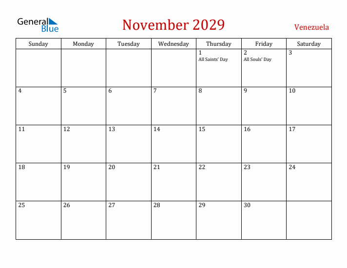 Venezuela November 2029 Calendar - Sunday Start