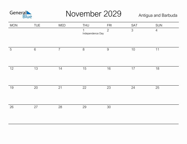 Printable November 2029 Calendar for Antigua and Barbuda