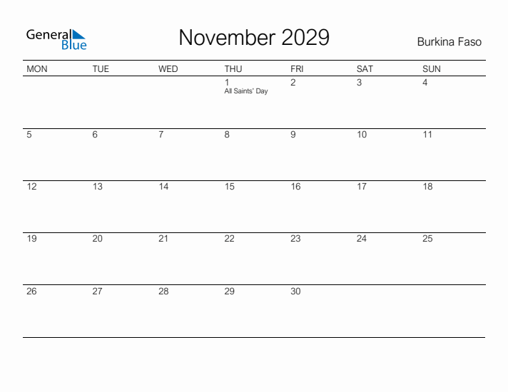 Printable November 2029 Calendar for Burkina Faso