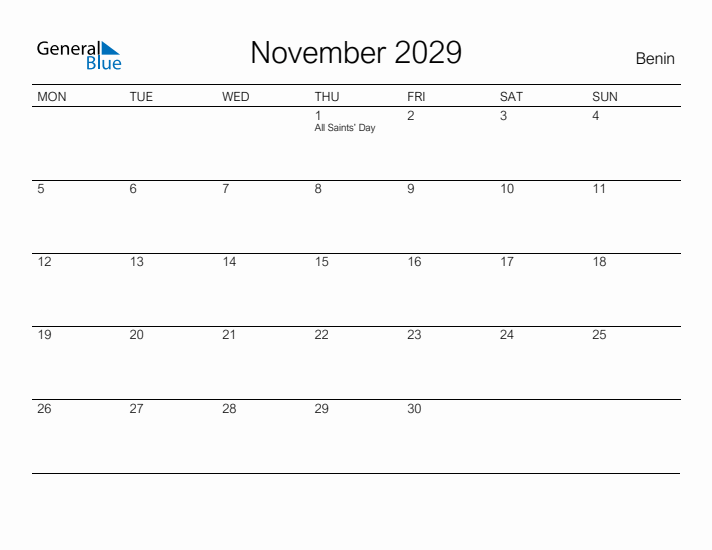 Printable November 2029 Calendar for Benin