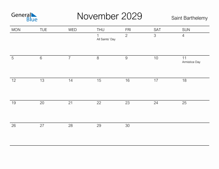 Printable November 2029 Calendar for Saint Barthelemy
