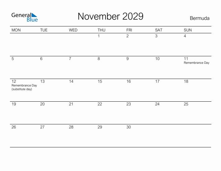 Printable November 2029 Calendar for Bermuda