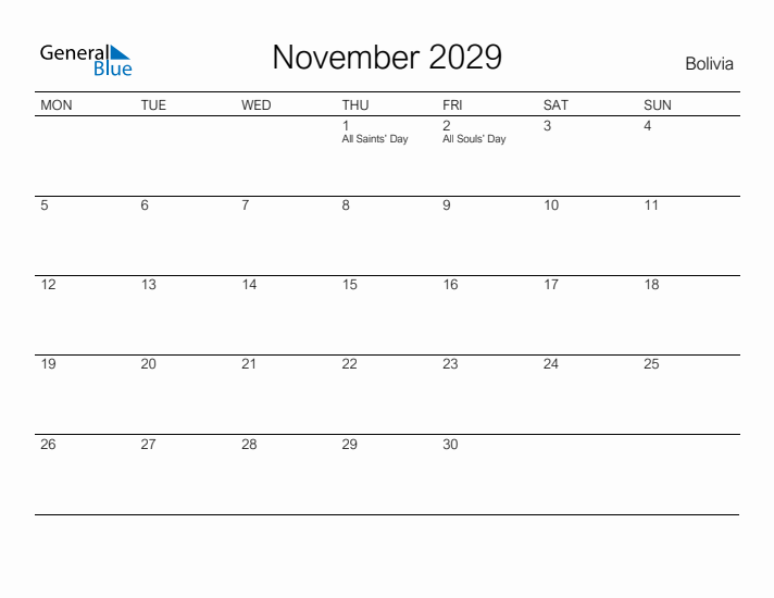 Printable November 2029 Calendar for Bolivia