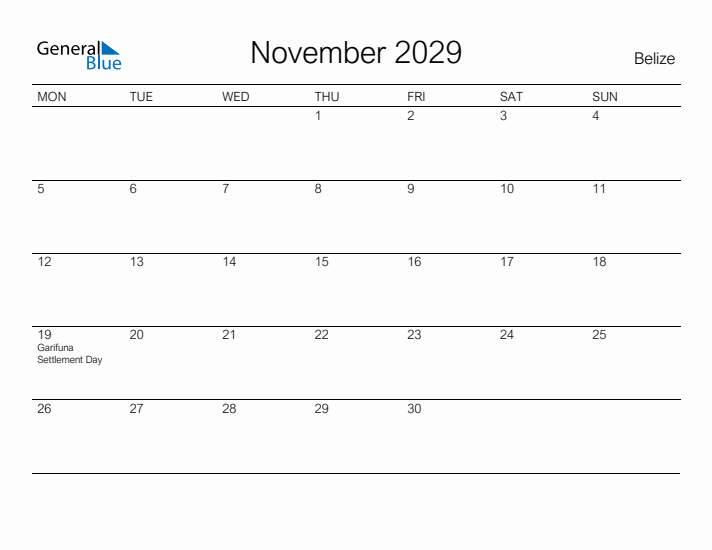Printable November 2029 Calendar for Belize