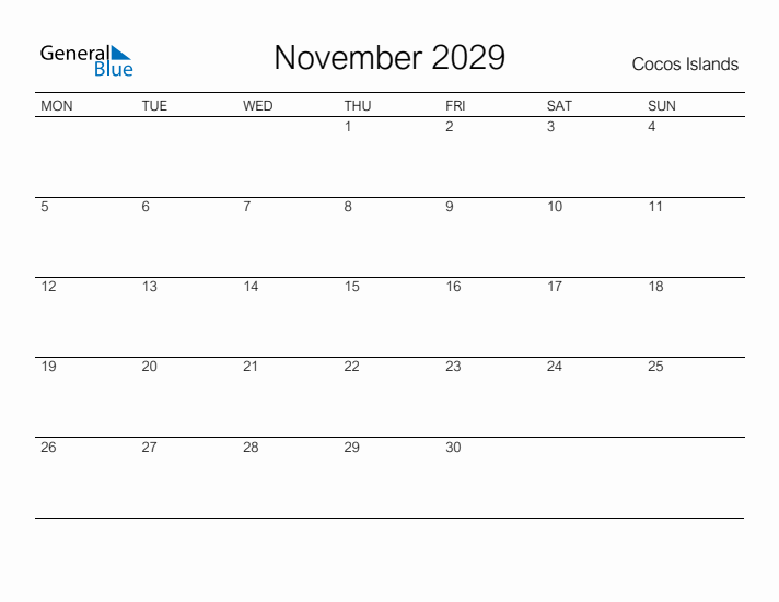 Printable November 2029 Calendar for Cocos Islands