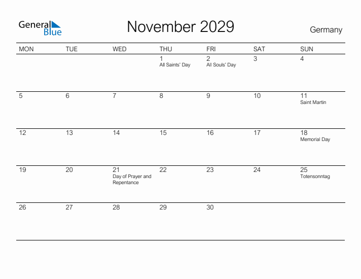 Printable November 2029 Calendar for Germany
