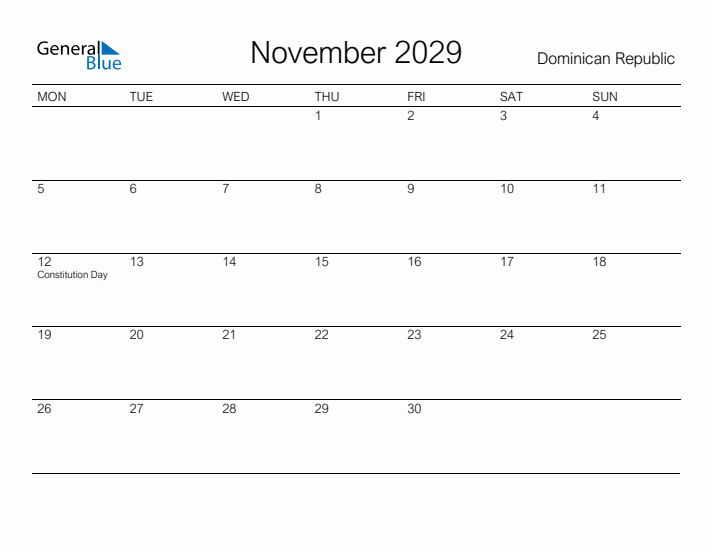 Printable November 2029 Calendar for Dominican Republic