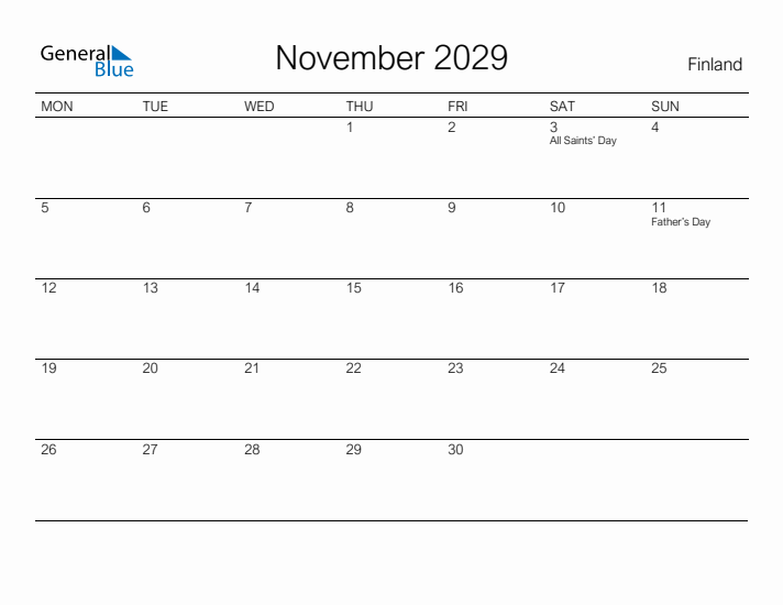 Printable November 2029 Calendar for Finland