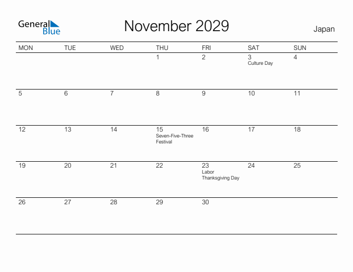 Printable November 2029 Calendar for Japan