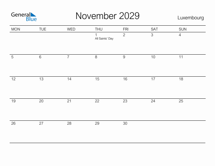 Printable November 2029 Calendar for Luxembourg