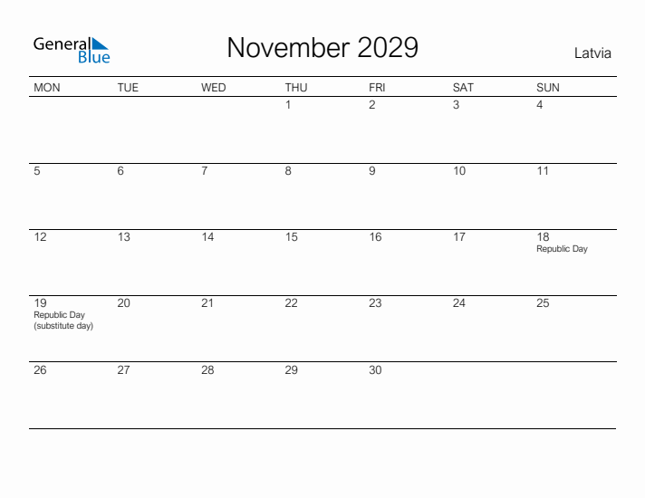 Printable November 2029 Calendar for Latvia
