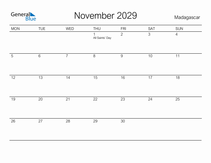 Printable November 2029 Calendar for Madagascar