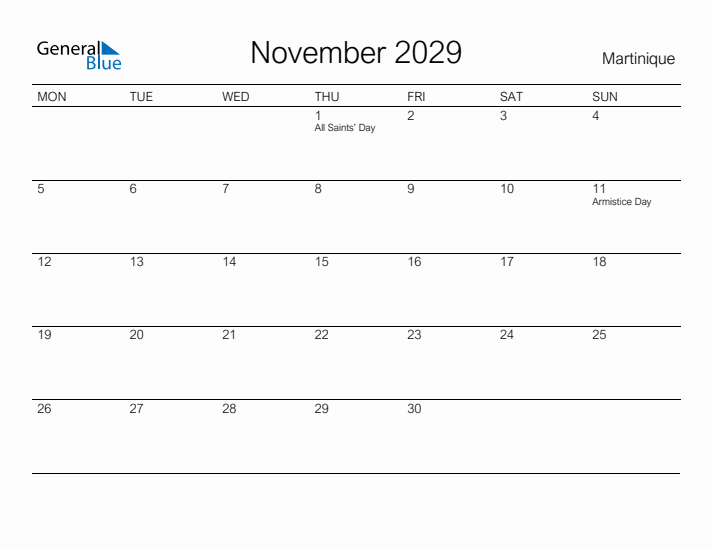 Printable November 2029 Calendar for Martinique