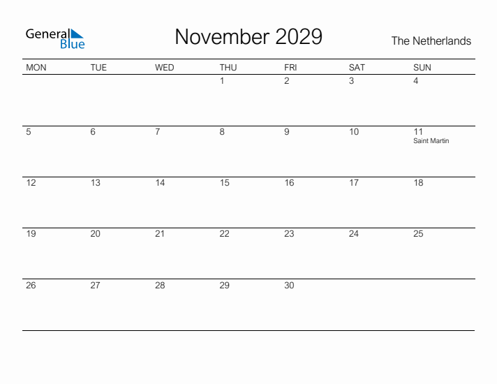 Printable November 2029 Calendar for The Netherlands
