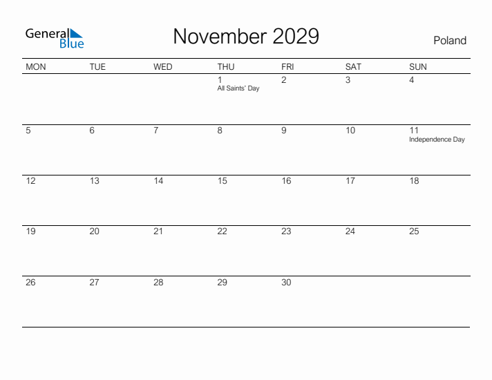 Printable November 2029 Calendar for Poland