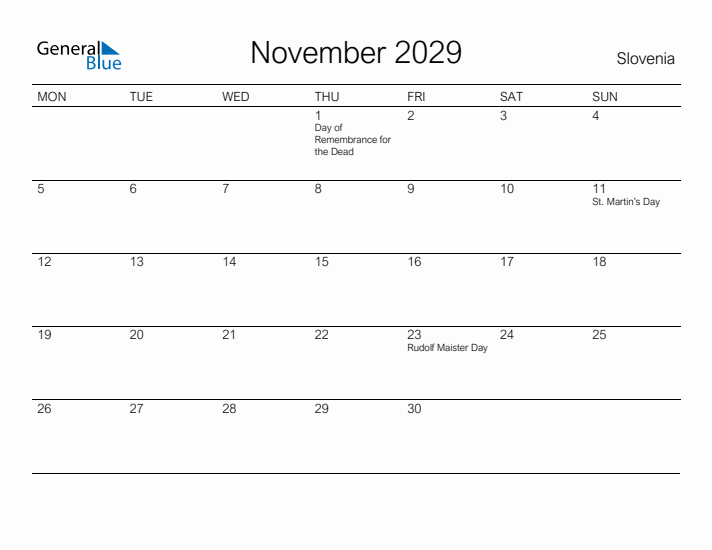 Printable November 2029 Calendar for Slovenia