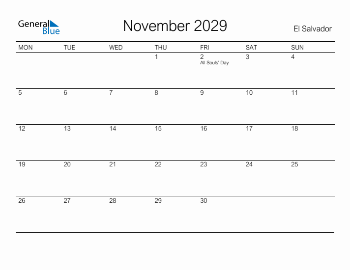 Printable November 2029 Calendar for El Salvador