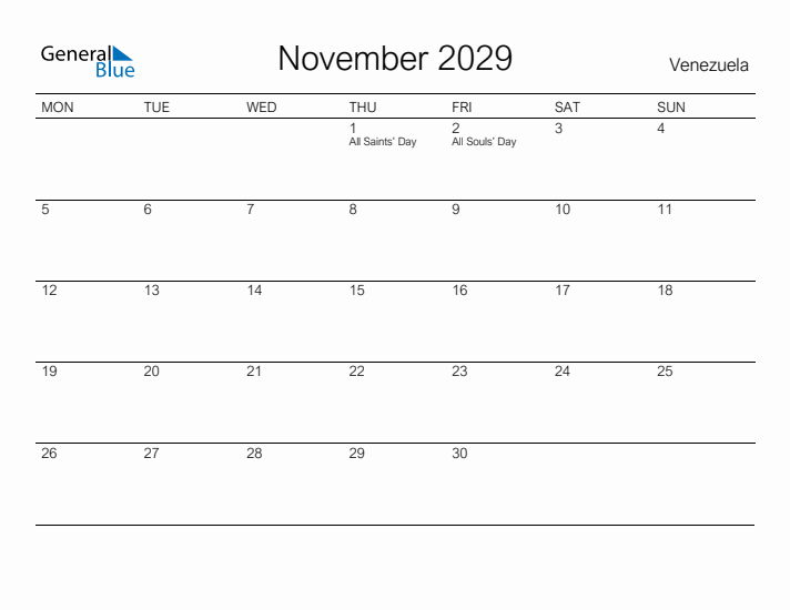 Printable November 2029 Calendar for Venezuela