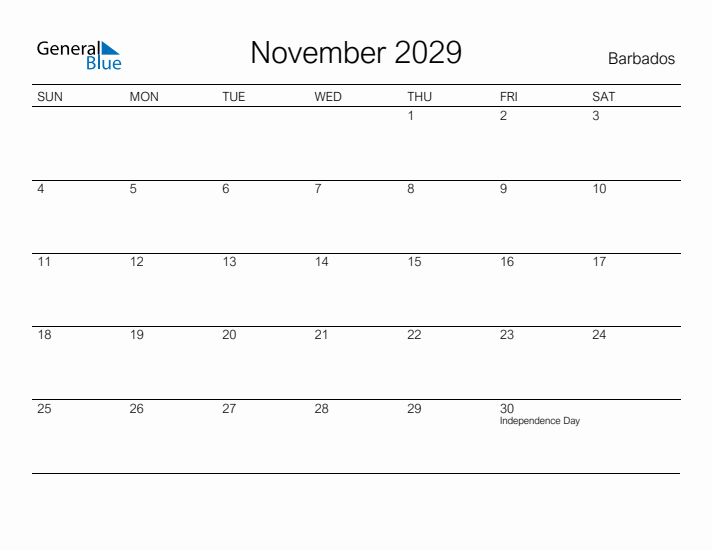 Printable November 2029 Calendar for Barbados