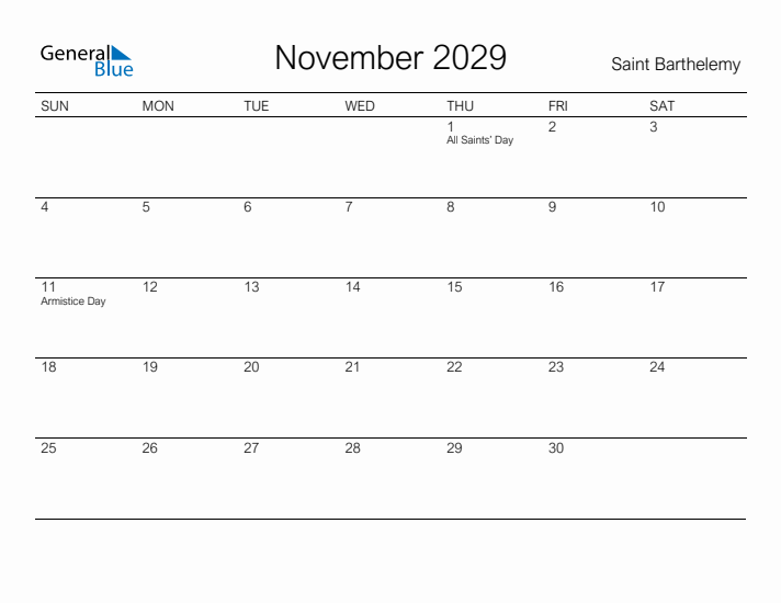 Printable November 2029 Calendar for Saint Barthelemy