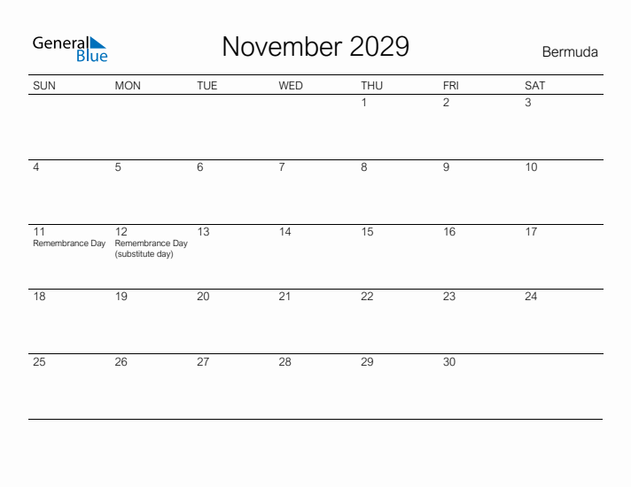 Printable November 2029 Calendar for Bermuda